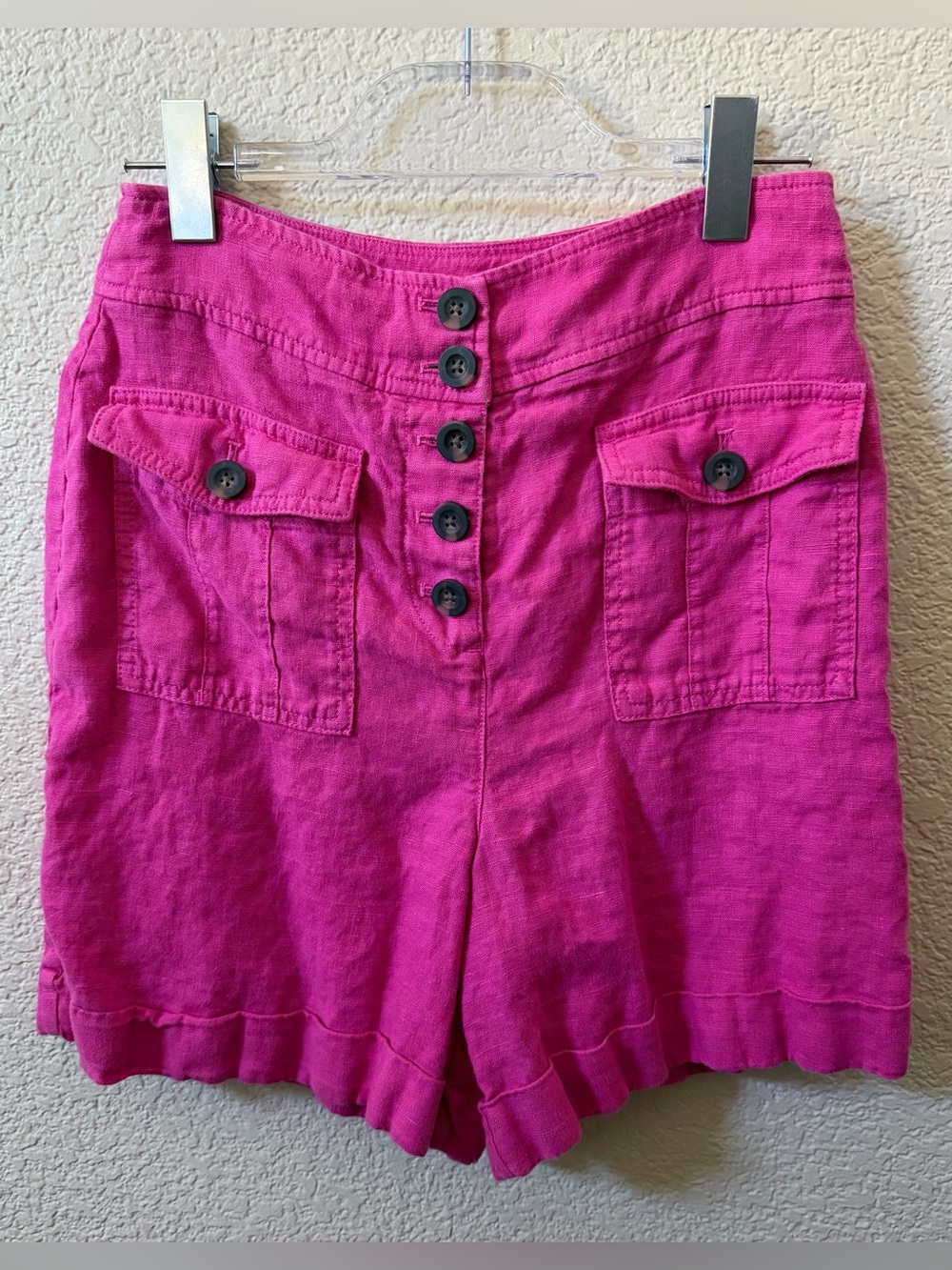 Boden Women’s US Size 6 High Waist Button Fly Linen Shorts Very Berry Pink 6”